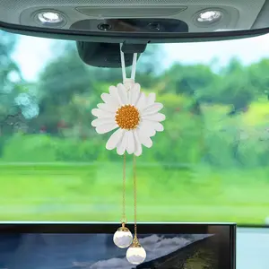 3-D Daisy Flower Rear View Mirror Car Hanging Accessories Car Decor Cute Car Accessories for Women Girls Car Mirror Hanging Accessories Car Pendant Charm