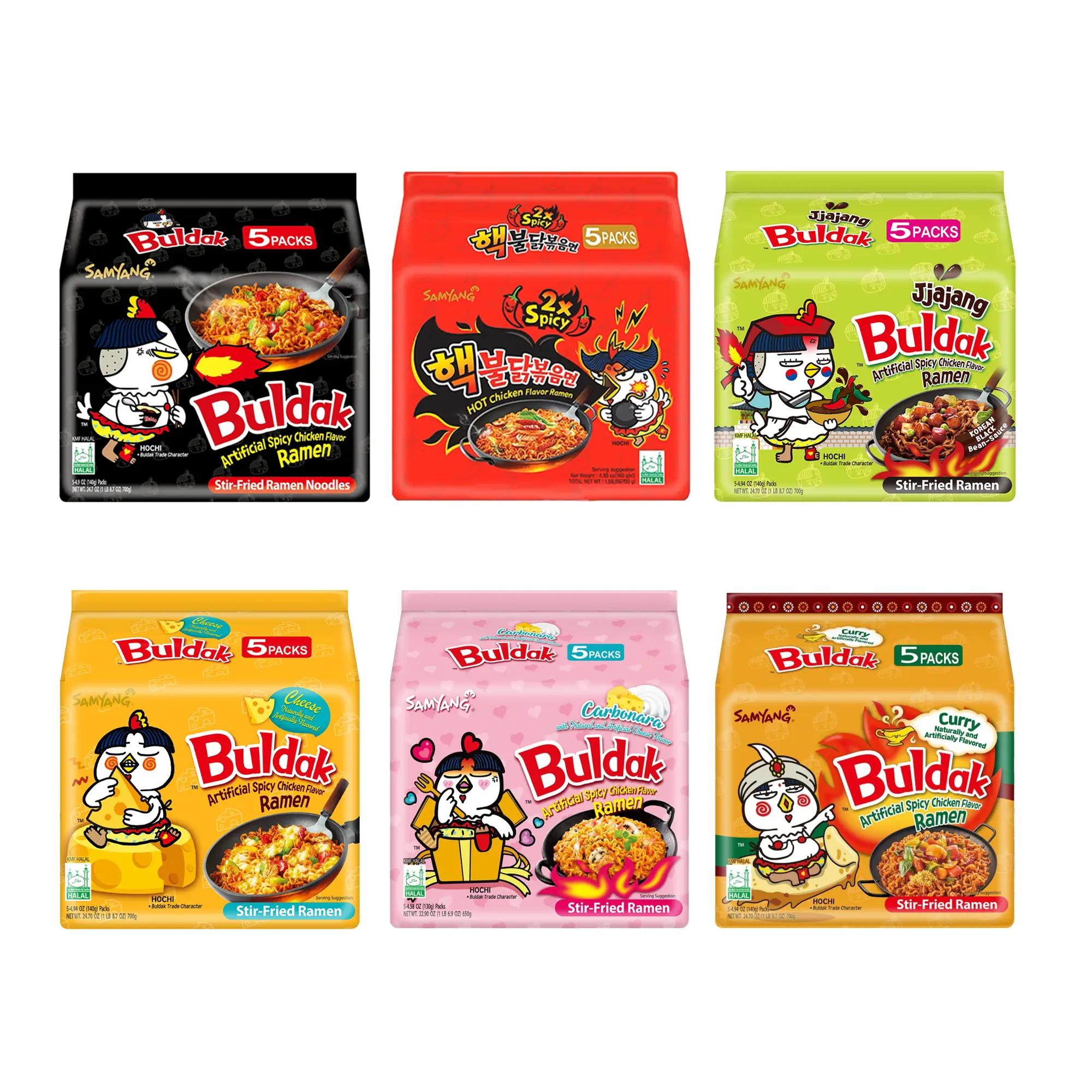 Samyang Buldak Ramen Variety Pack - 5 Packs of 6 Traditional Korean Hot Chicken Flavors (Original, 2X Spicy, Carbonara, Cheese, Jjajang, Curry) - Easy to Prepare, Minimal Cooking Time, Savory Instant Noodle, Spicy Food Lover Pantry Staple