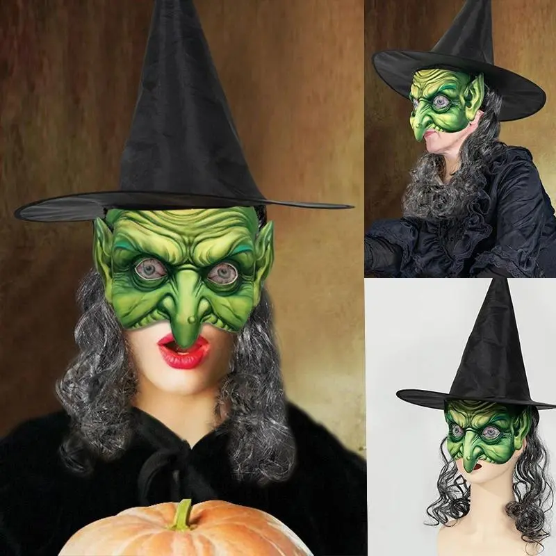 Halloween Masks, EVA Evil Old Lady Witch Cosplay Mask, Big Pointy Hat & Wig, Festive Party Costume Accessories for Carnival Masquerade Props