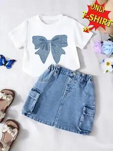 Girls' T-Shirt with Blue Bow Print, Soft Stretchy Fabric, Round Neck Casual Top, Short Sleeve, All Seasons, Outdoor Play & Casual Attire, Graphic Shirts, Bow Print Tee