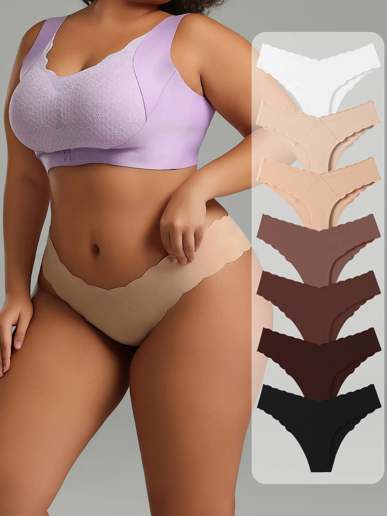 HOTCOM  Bikini Underwear Women V Cut Cheeky Seamless Panties Hipster Wave Edge Low Rise Soft Stretch Briefs 7 Pack Plus-Size Bikini