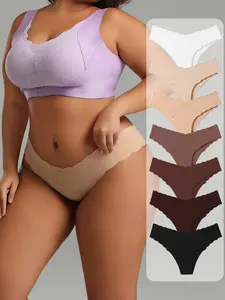 HOTCOM  Bikini Underwear Women V Cut Cheeky Seamless Panties Hipster Wave Edge Low Rise Soft Stretch Briefs 7 Pack Plus-Size Bikini