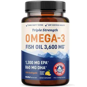 Triple Strength DHA Omega 3 Fish Oil 3600 mg | Over 2100mg Omega-3 Fatty Acids with 860mg of DHA | 1300mg EPA | Best Essential Fatty Acids | Premium Wild Caught & Burpless Fish Oil | 120 ct.