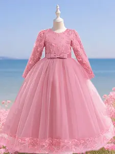 Teen Girl's Ditsy Floral Print Bow Shoulder Lace Mesh Sweater Dress, Elegant Long Sleeve Formal Party Dress, Kids Clothes for All Seasons, Tulle Overlay Dress