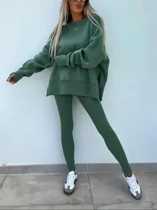 Women's Solid Sweatshirt & Skinny Pants Two-piece Set, Casual Fashion Cozy Round Neck Long Sleeve Pullover & Trousers for Daily Outdoor Wear, Ladies Spring & Fall Clothes