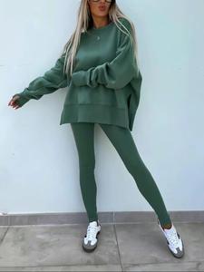women's solid sweatshirt & skinny pants two-piece set, casual fashion cozy round neck long sleeve pullover & trousers for daily outdoor wear, ladies spring & fall clothes
