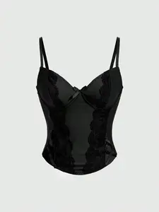 Goth Y2K Sexy Contrast Lace Spaghetti Strap Top With Rope Tie Waist Decor, Suitable For New Year Party