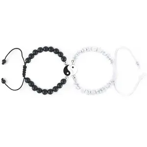 OIDEA Yin Yang Puzzle Couple Bracelets, Volcanic Stone Beaded Adjustable Cord Wristband Set, Matching Friendship