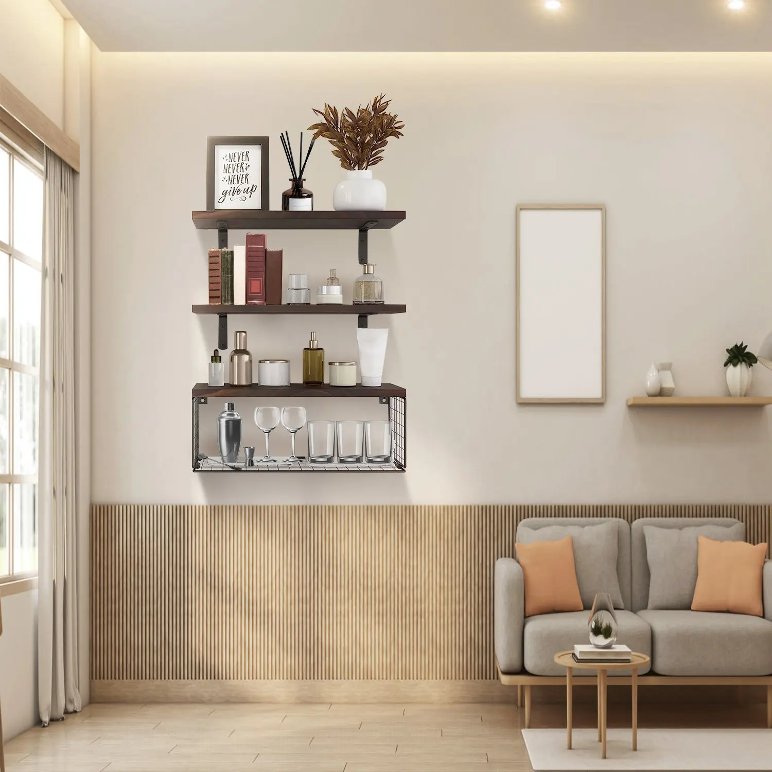Floating Shelf with Wire Storage Basket — Set of 3