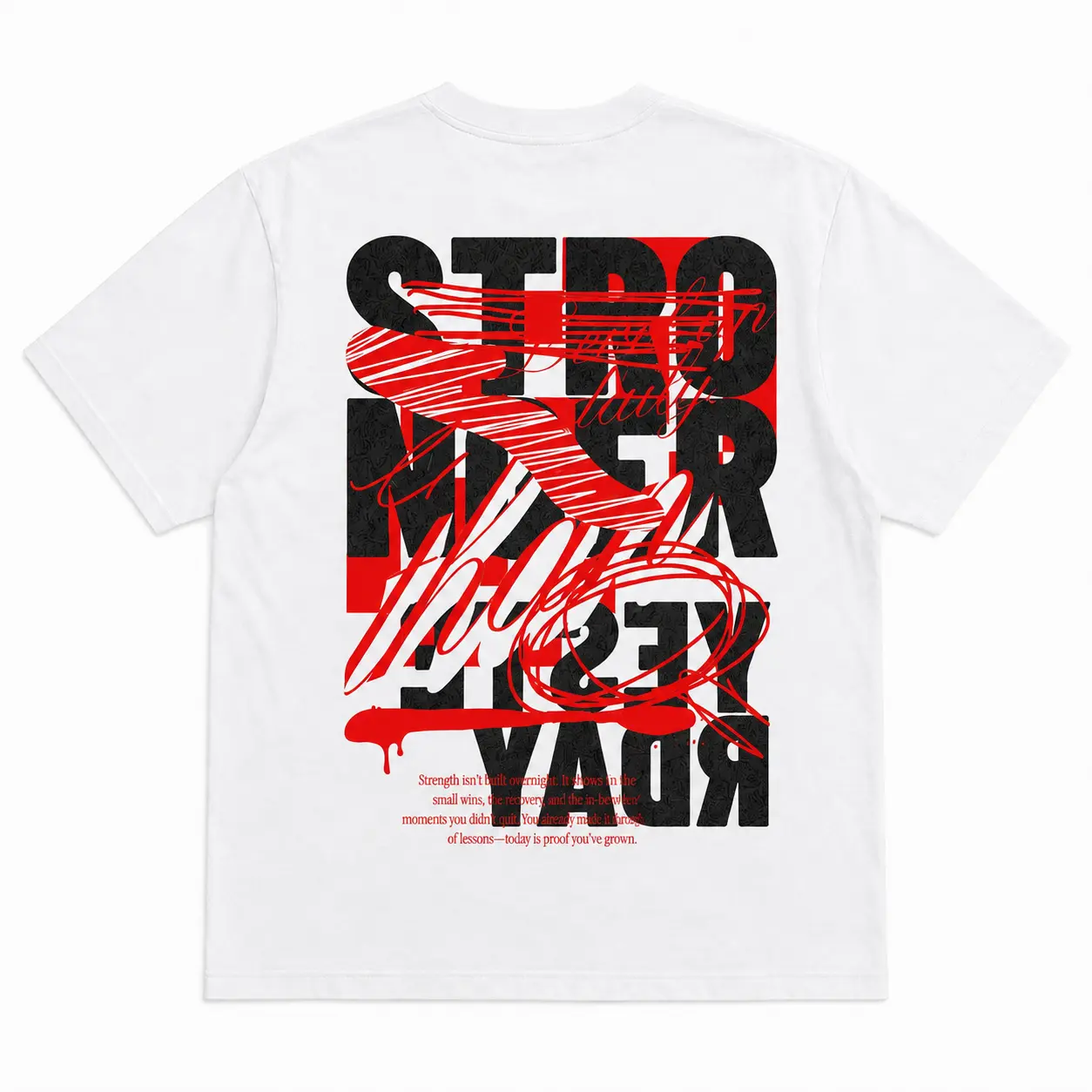 Unisex Stronger Than Yesterday Graphic T-Shirt - Soft Heavyweight Cotton, Shortsleeve Crewneck - White Black Red Print, Red Scribble Abstract Typography Quote, Vintage Oversized Casual Streetwear Top - Men's/Women's Gift 3576