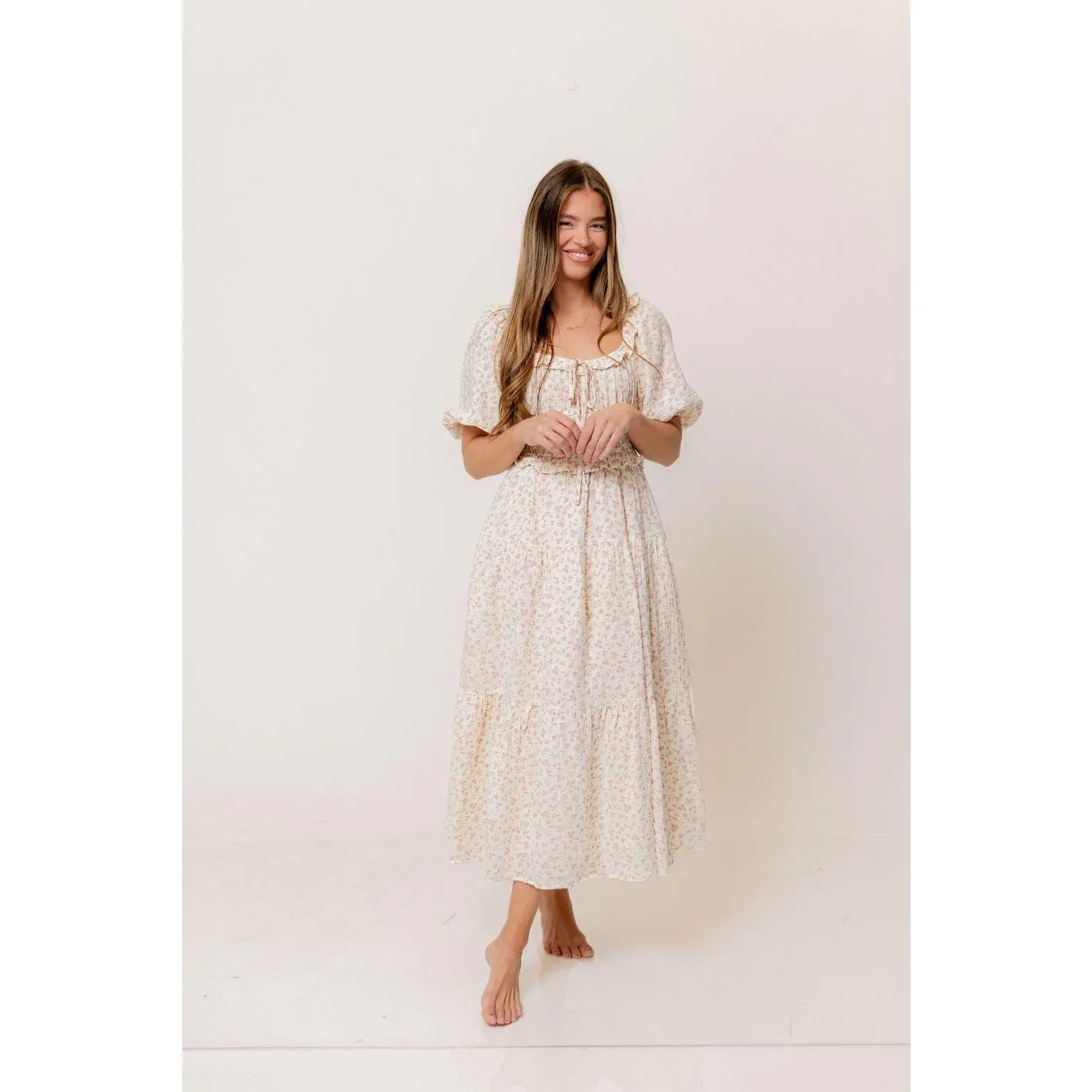 Landon 100% Cotton Ruched Puff Sleeve Ruffle Tiered Floral Midi Dress in Pink - Bump Friendly - TikTok Shop Landon 100% Cotton Ruched Puff Sleeve Ruffle Tiered Floral Midi Dress in Pink - Bump Friendly - TikTok Shop