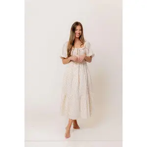 Landon 100% Cotton Ruched Puff Sleeve Ruffle Tiered Floral Midi Dress in Pink - Bump Friendly