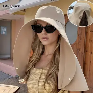 Women's Oversized Brim UPF 50+ Sun Protection Hat with Neck Flap | SunSafeTok BeachTok High Ponytail Full Coverage UV Protection Hat | Beach Vacation Travel Hiking Camping Outdoor Birthday Gift For Her | Adjustable Lightweight Summer Sun Hat For Women