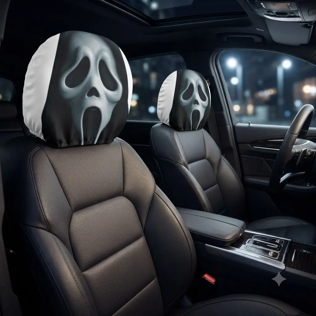 Halloween Double-Sided Ghostface Mask Car Headrest Cover