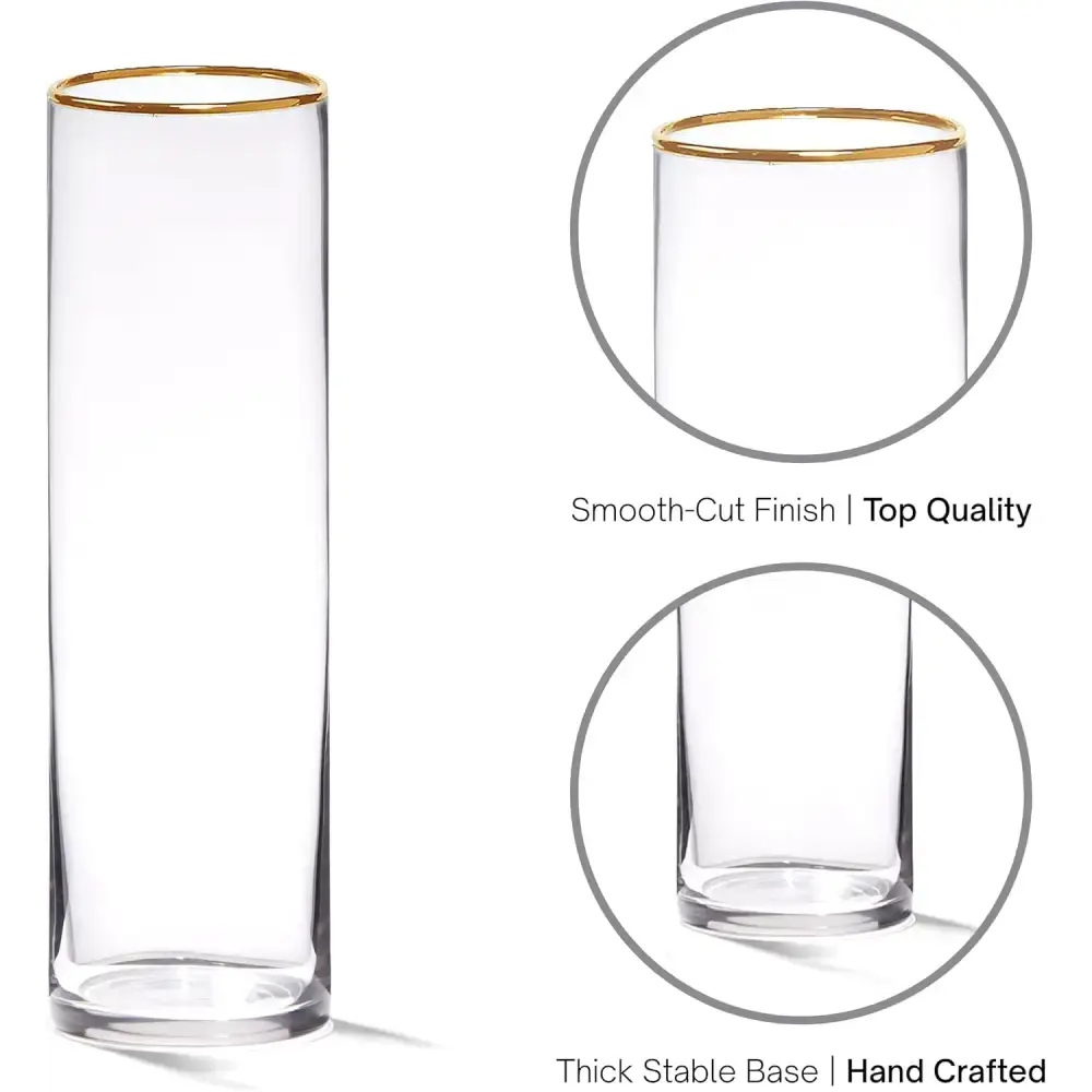 4E's Novelty Set of 3 Glass Cylinder Vases with Gold Rim – Elegant Centerpieces & Candle Holders