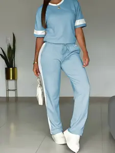 Women's Color-Block Contrast 2-Piece Outfit – Top & Pants Set