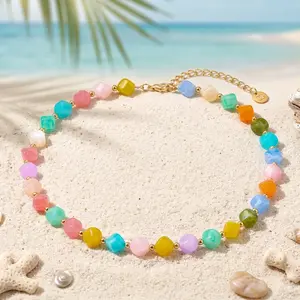 Rainbow Beaded Choker Necklace, Colorful Pastel Beaded Chain for Women, Trendy Summer Boho Jewelry Handmade Accessories