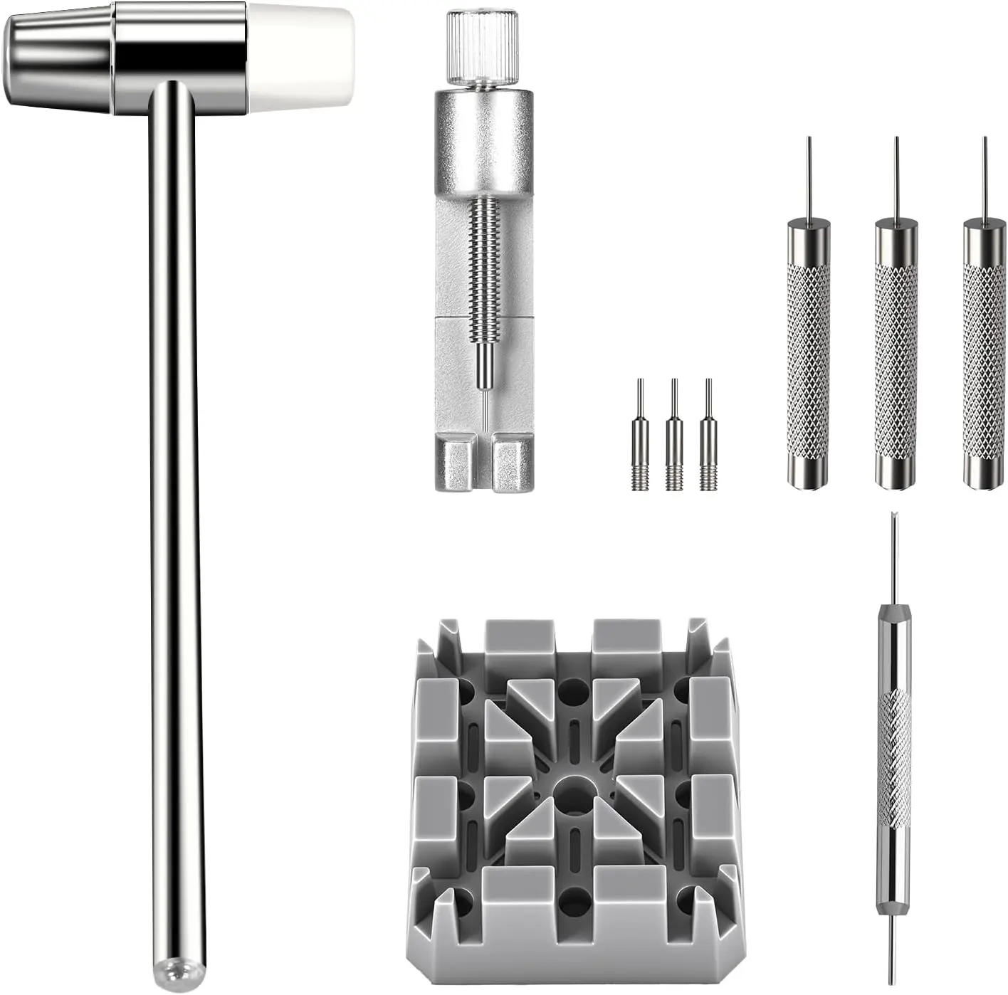 Watch Link Removal Kit, All Metal Watch Strap Link Removal, Sizing Kit with Pin Punches, Extra Pins, Hammer for Watch Band Strap Adjustment
