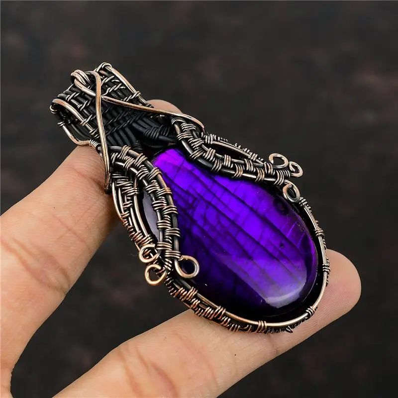 Purple Fire Labradorite Wire Wrapped Pendant Handcrafted Copper Dailywear 3.07"