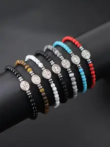 Vintage Cross & Virgin Mary Design Beaded Bracelet, Cross Charm Bangle, Fashionable Hand Jewelry for Women & Men, Trendy All-match & Exquisite Jewelry for Birthday Gift