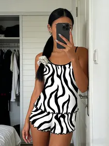 Zebra Pattern Pajama Set, Sleeveless Slim Fit Sleepwear, Breathable Above-The-Knee Design, Sexy Home Wear for All Seasons