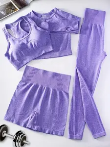 Four-piece Set Women's Raglan Sleeve Crop Top & High Waist Leggings & Detachable Pad Sports Bra & Skinny Shorts, Sportswear Clothing, Sporty Breathable Outfits for Yoga Gym Workout Fitness, Ladies Sportswear Sweat Suit