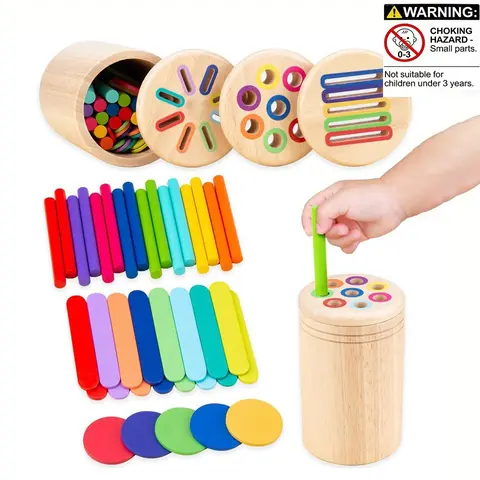Wooden Color Classification Cup Toy, 1 Box 3 in 1 Round Rod & Circle & Ice Cream Stick Design Color Recognition Toy, Hand-eye Coordination Teaching Aid, Learning Materials, Multi Activity Playset, Preschool Learning Supplies