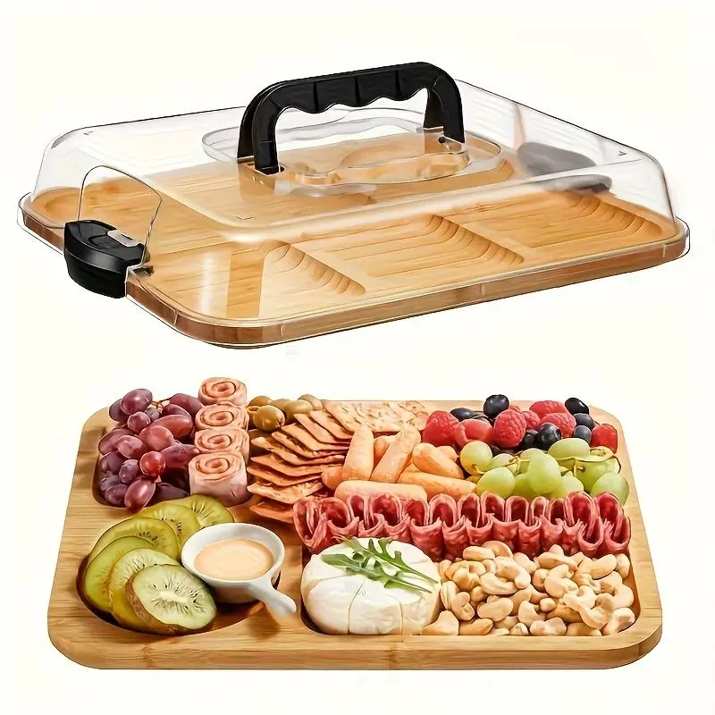 1 Pack Cheese Tray with Clear Acrylic Lid – Portable Charcuterie Board for Camping, Party, Restaurant, Holiday, Appetizer, Deli & Snack Serving Tray, Cutting Board