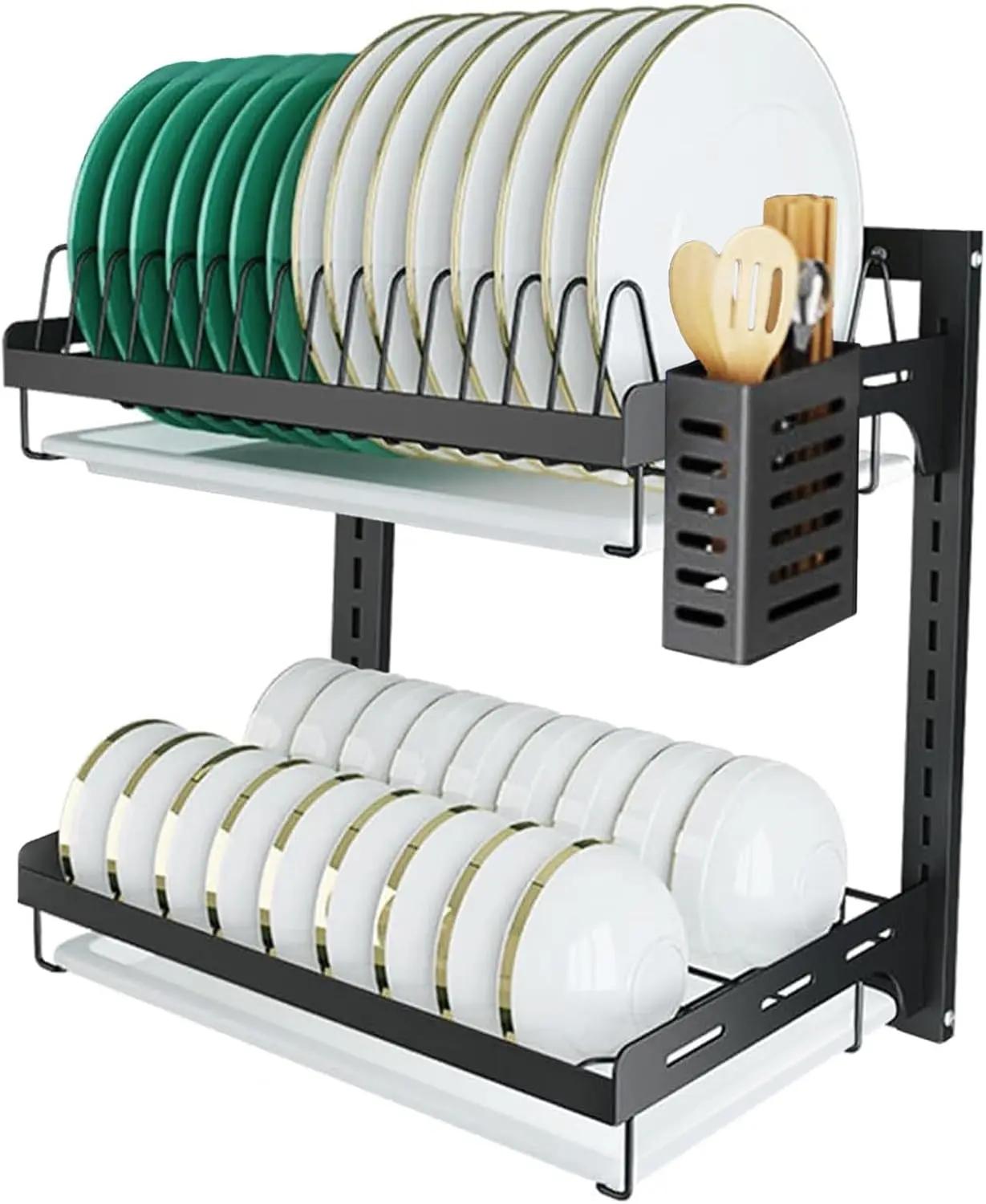 Hanging Dish Drying Rack, Wall Mounted Dish Rack Kitchen, 2 Tier Plate Organizer Wall Mount, Stainless Steel Dish Drainer Storage Shelf with Drainboard, Cutlery Holder, Black, Ajustable Height (16")