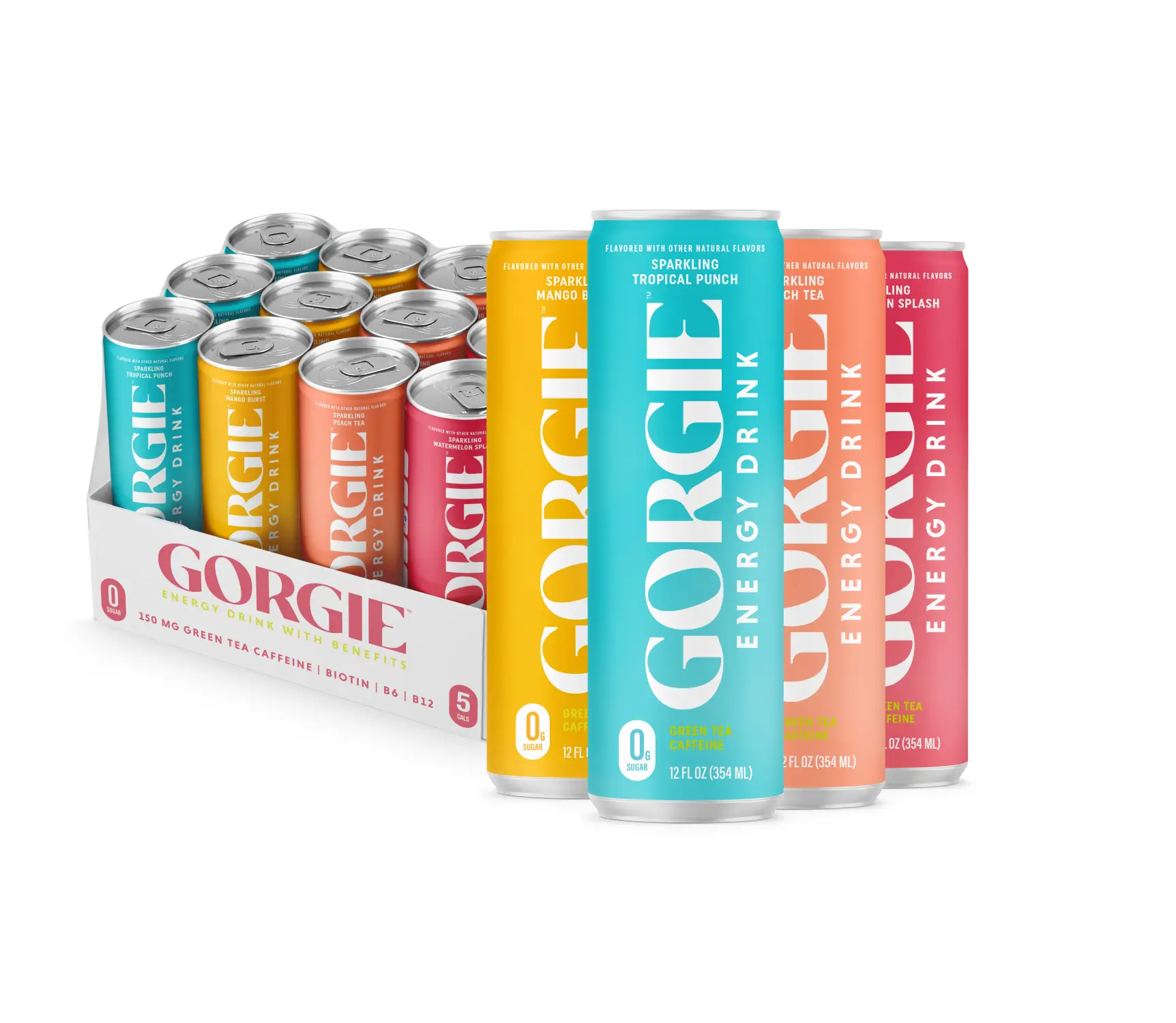 GORGIE Bestsellers Variety, Sugar-Free Natural Energy Drink Sparkling, Healthy Energy Drinks - Green Tea, Biotin, B Vitamins -150mg Caffeine, Vegan, &