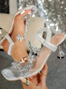 Women's Transparent Rhinestone Flower Heeled Sandals, Luxurious Party Slippers, Elegant Evening Shoes, Comfortable Summer Footwear