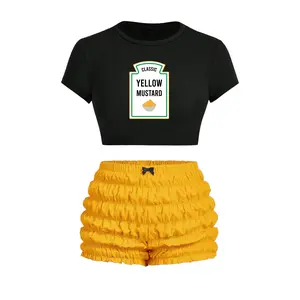 Womens Sexy Mustard Costume, Condiment Last Minute Easy Halloween Dress Up Idea, Group Matching Costumes, Black Crop Tee with Vintage Graphic and Mustard Yellow Ruffle Bloomer Shorts