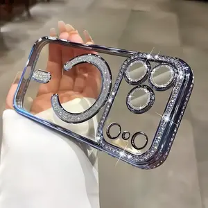 【Bling Diamond Edge】Luxury Bling Diamond Lens Glitter Magsafe Case For iPhone 17Air Pro Max 17 16 15 14 13 12 Plus Magnetic Soft Shockproof Cover