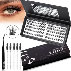 Yiduo Self Adhesive Synthetic Manga Lash Clusters Kit 2 Styles Cat Eye Anime No Glue Eyelashes Extensions Kit Wispy C-curly Spiky Cluster Eyelash 10-16mm Pre Glued Eyelash Clusters Soft Lashes Clusters with Invisible Band with Tweezers 5 Lash Brush