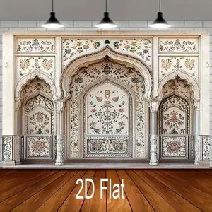 1pc 2D Flat Textile Banner Ornament - Glam Indoor Durable Decor Accessories, Ornate Arched Design, Intricate Flower Motifs, String Light Illumination, Wooden Floor Backdrop Fit, White Brick Wall Compatibility, Symmetrical Elements, Room Decorations
