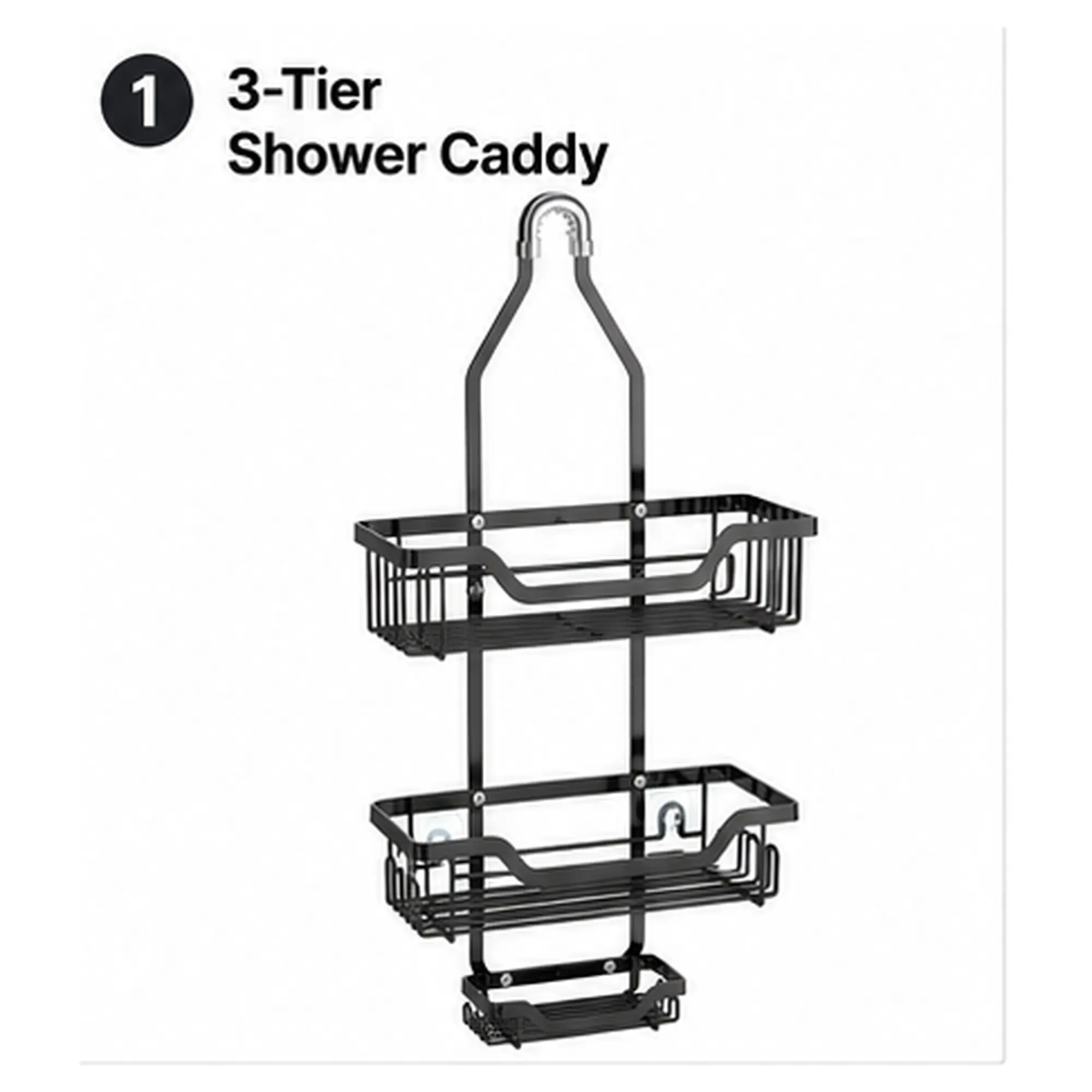3-Tier Hanging Shower Caddy, No-Drill Over Shower Head Organizer with Suction Cups, Bathroom Storage Rack for Shampoo and Body Wash, Black