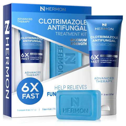Hermon Advanced Therapy Clotrimazole Antifungal 2-Piece Set - 57g Cream Tube, 113g Soap Bar, Maximum Strength OTC Skin Care Kit for Ringworm/Fungi Treatment, Skin Repair, Allergy & Itch Support