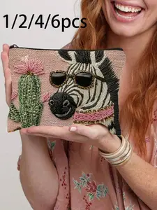 Fashion Zebra Pattern Makeup Bag with Cactus Design, Zipper Travel Cosmetic Bag, Perfect Birthday Gift for Women, Sisters, Friends