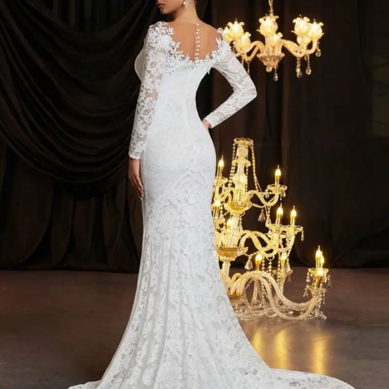 Glamrae Elegant Luxurious White Contrast Lace Detail Sheer Long Sleeve Bodice And Classic French See-Through Glamrae Elegant Luxurious White Contrast Lace Detail Sheer Long Sleeve Bodice And Classic French See-Through