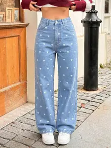 Women's Light Blue Heart Print Wide-Leg Jeans, Casual High Waist Loose-Fit Trousers, All-Season Elastic Fabric, Fashionable Straight Leg Style