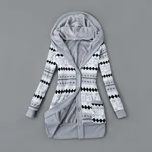 Women's Y2K Geometric Knit Cardigan with Hood Fleece Lined Long Sleeve Button Sweater Coat Pockets Trendy Fall Winter Warm Outerwear Colorblock Shoulder Casual Chic Everyday Knitwear Womenswear Hoodie Sweatshirts Tops Fitted