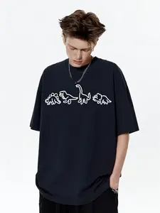 Heavyweight Pure Cotton Kids' Dinosaur Theme T-Shirt, Loose Fit Short Sleeve, Casual Long Top, Fun Cartoon Design, Comfortable Daily Wear