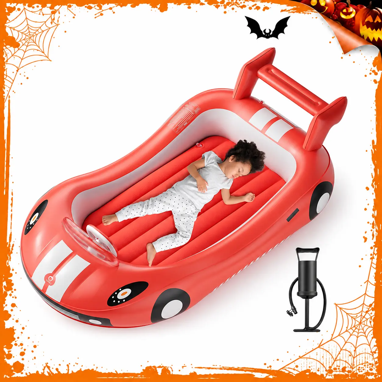 QPAU Self Inflating Toddler Bed with Side Rails - Quick Inflate Safe Bed with Hand Pump, Portable Racing Cars Design, Thick PVC for Long Use Multi Purpose Inflatable for Camping & Travel, Halloween Gift giftideas,familyfun