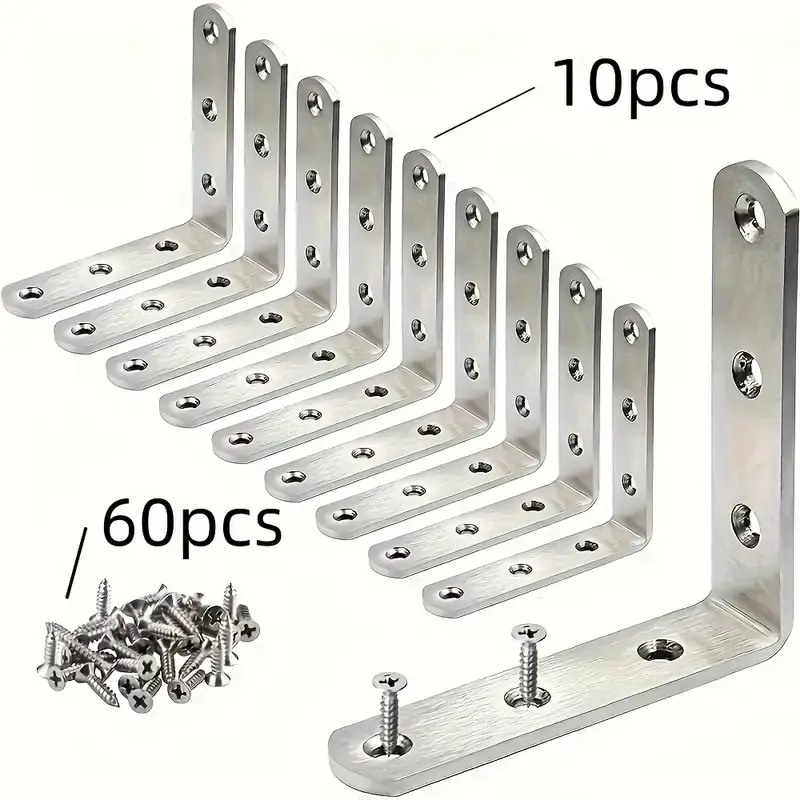 70pcs Set Corner Code 90 Degree Right Angle Bracket, L-Shaped Stainless Steel Fixing Parts, Support Holder, Furniture Connection Piece, Metal Bracket, Sturdy Bracket, Corner Brackets