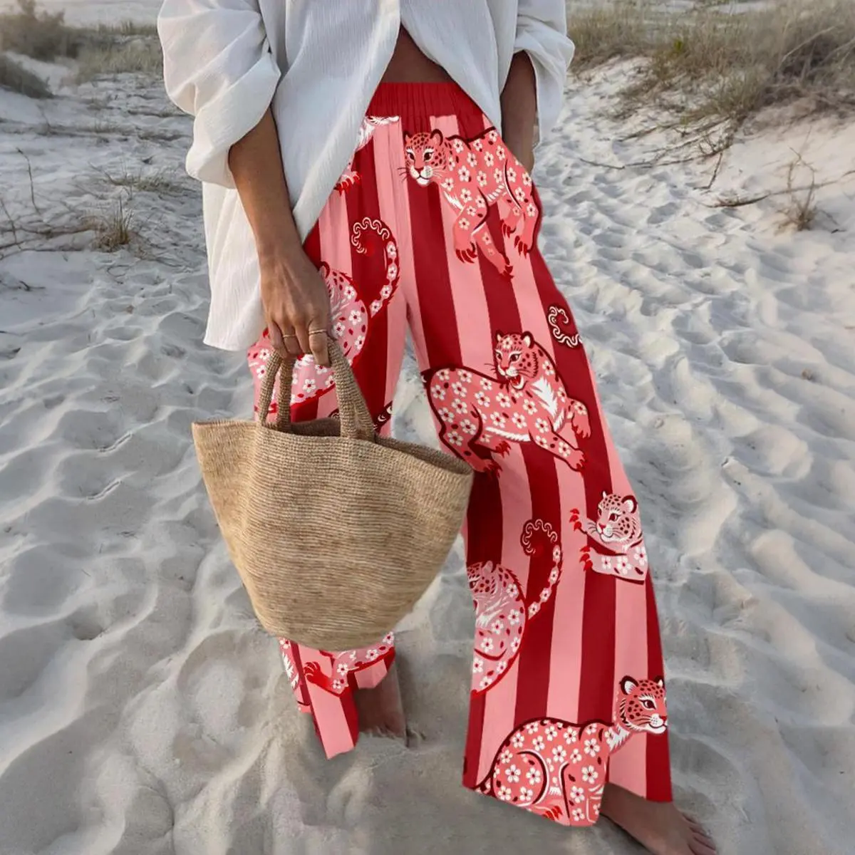 Women's Vibrant Leopard Print Wide-Leg Palazzo Pants - Bohemian, Comfortable, Elastic Design for Spring Outdoor, Beach Wear; Pair with T-Shirts