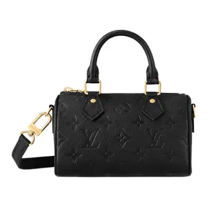 Louis Vuitton Nano Speedy Handbag for Women – Detachable Adjustable Strap, Zip Closure, Pillow Style, Black Calfskin