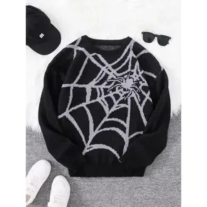 Men's Spider Web Pattern Round Neck Sweater, Regular Fit? Casual Drop Shoulder Long Sleeve Sweater for Spring & Autumn, Fashionable Men’s Knitwear for Everyday Wear
