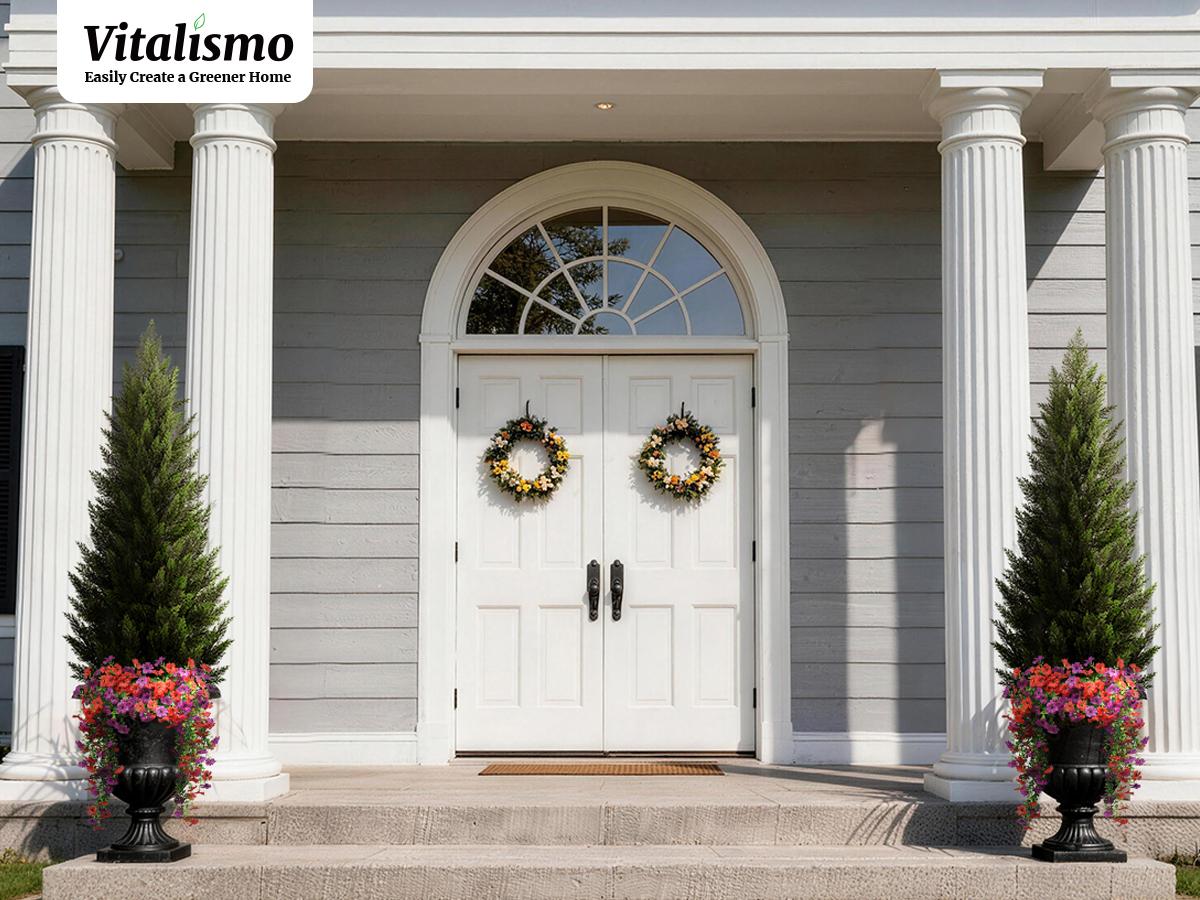 Set of 2 Artificial Cedar Topiary Trees (5/4/3 ft) — Includes Faux Flowers | Realistic Potted Plants for Indoor, Outdoor, and Porch Decor