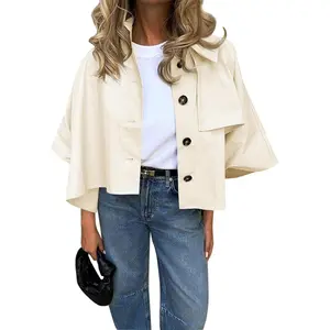 Womens Oversized Cropped Trench Coats Single Breasted 3/4 Cape Sleeve Trendy Casual Jackets Button up Outerwear