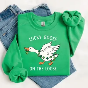 Funny St Patricks Day Goose Sweatshirt & Tshirt, Lucky Goose Shirt, Honky Sweater, Honk Coquette Clipart, Shamrock Leprechaun Sweatshirt